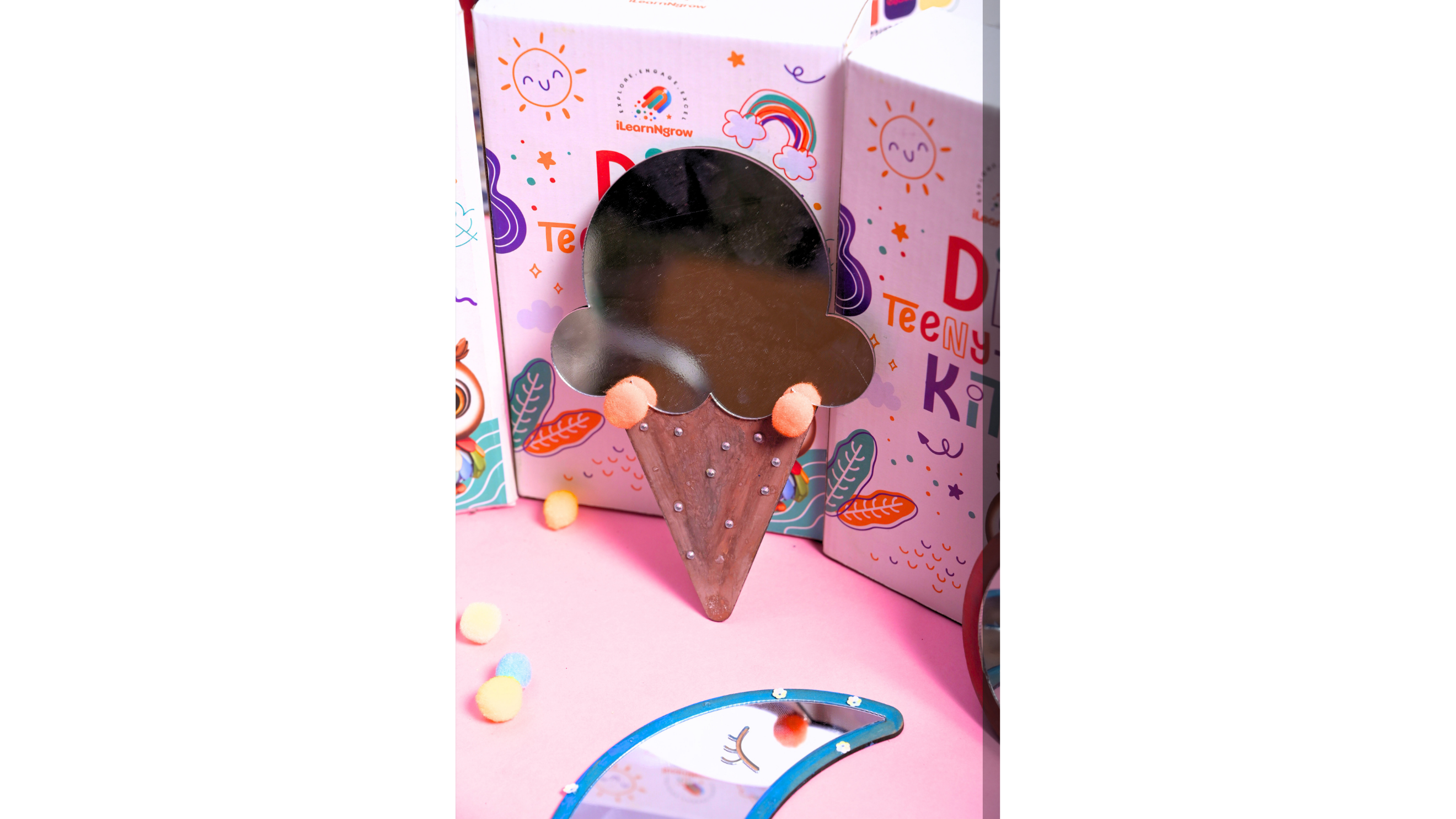 Teeny Tiny DIY Mirror Decorating Kit for Kids – Set of 3 | Paint, Glitter & Pom Poms | iLearnNGrow