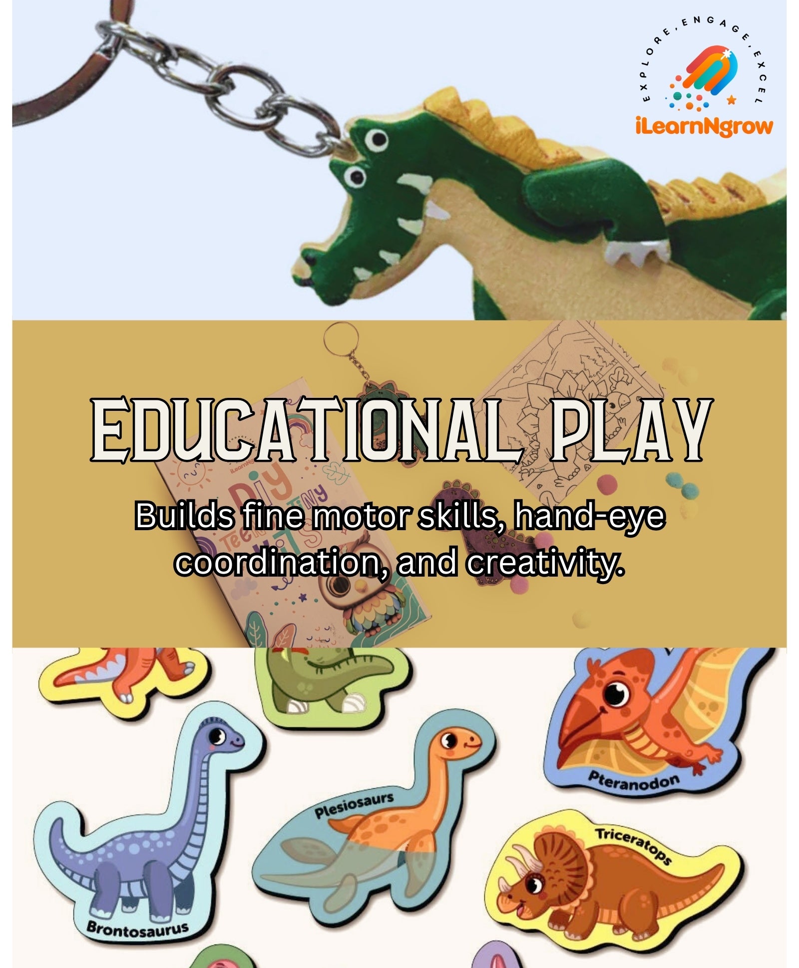 iLearnNGrow Dino Rakhi Combo – DIY Dinosaur Painting Kit with Dino Keychain, Fridge Magnet, Canvas Painting & Dino Rakhi