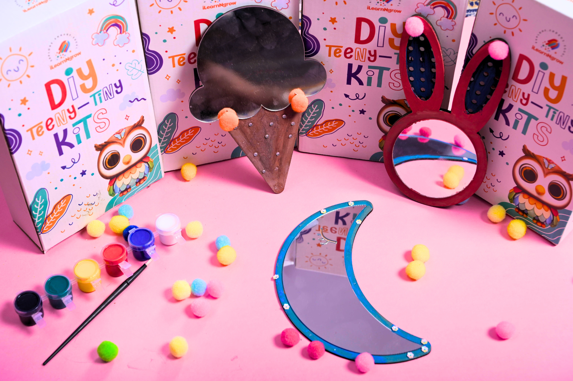 Teeny Tiny DIY Mirror Decorating Kit for Kids – Set of 3 | Paint, Glitter & Pom Poms | iLearnNGrow