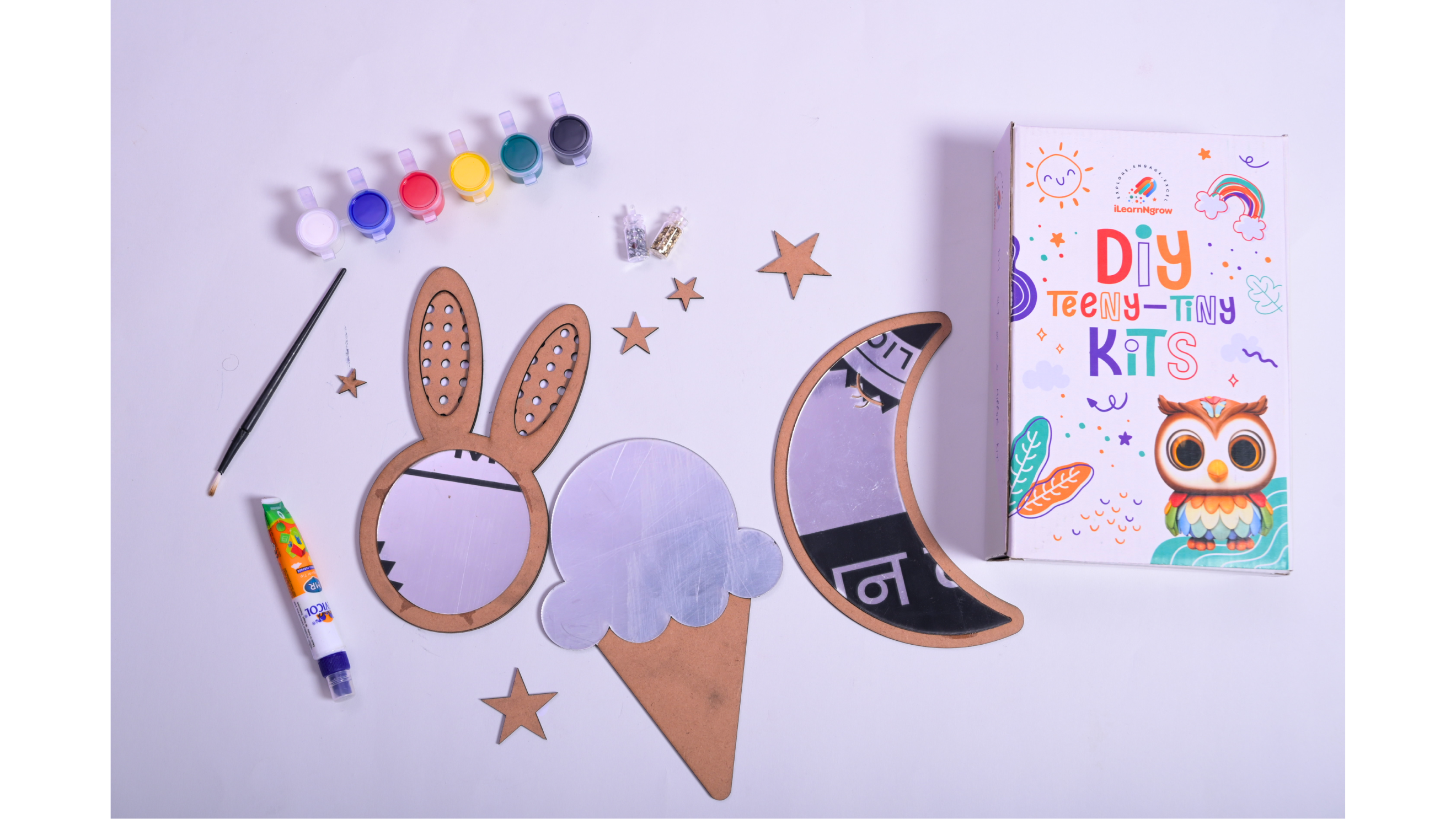 Teeny Tiny DIY Mirror Decorating Kit for Kids – Set of 3 | Paint, Glitter & Pom Poms | iLearnNGrow