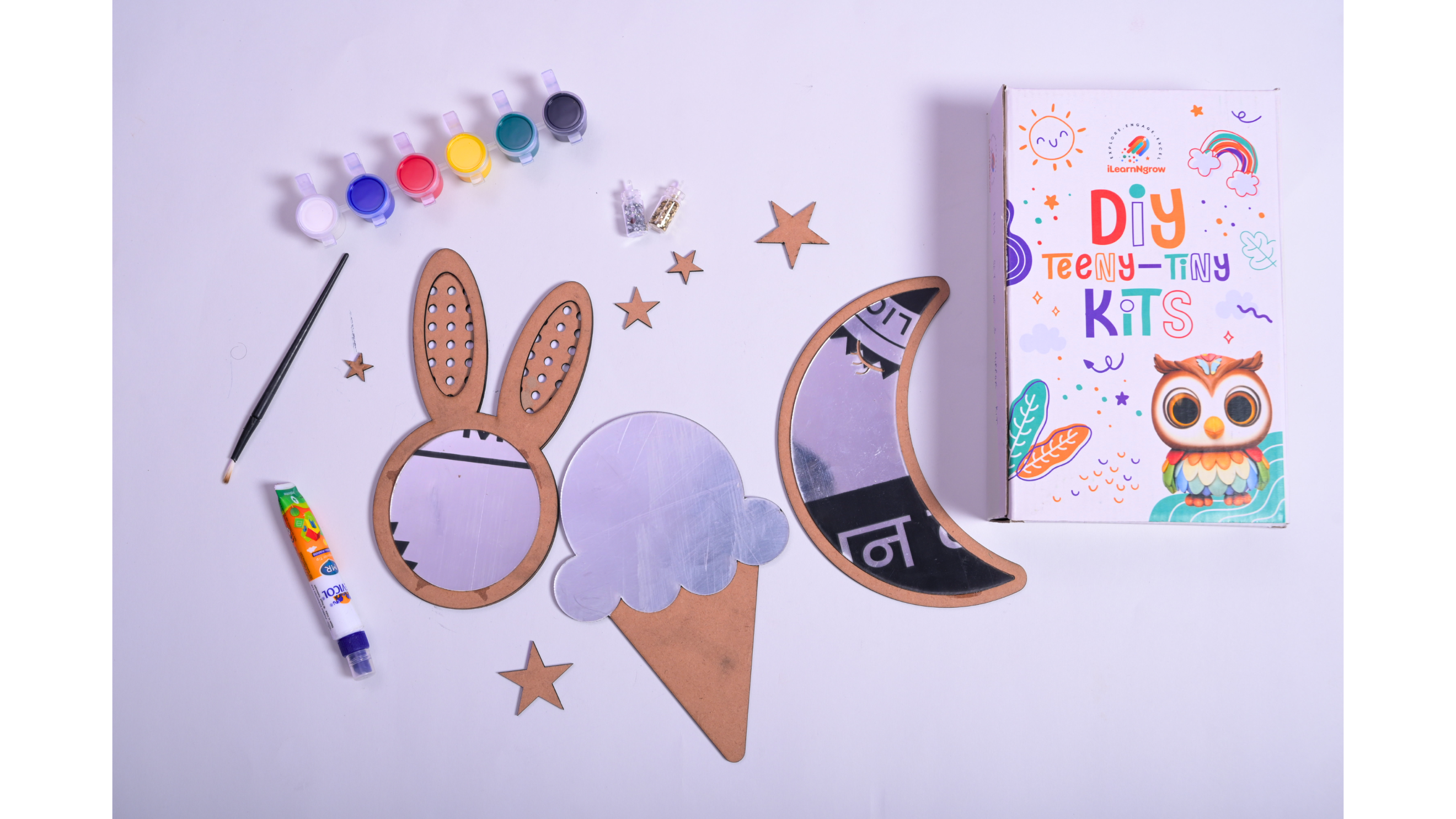 Teeny Tiny DIY Mirror Decorating Kit for Kids – Set of 3 | Paint, Glitter & Pom Poms | iLearnNGrow