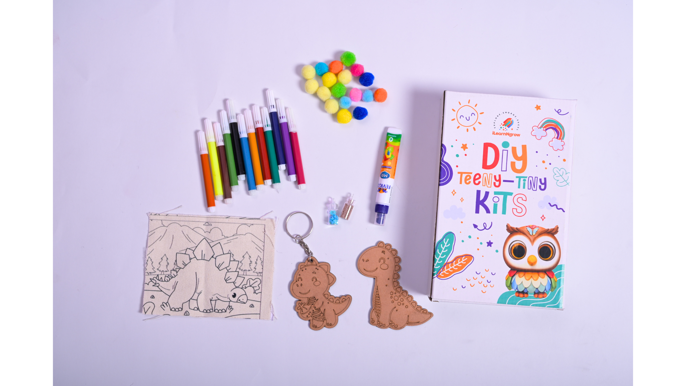 iLearnNGrow Dino Rakhi Combo – DIY Dinosaur Painting Kit with Dino Keychain, Fridge Magnet, Canvas Painting & Dino Rakhi