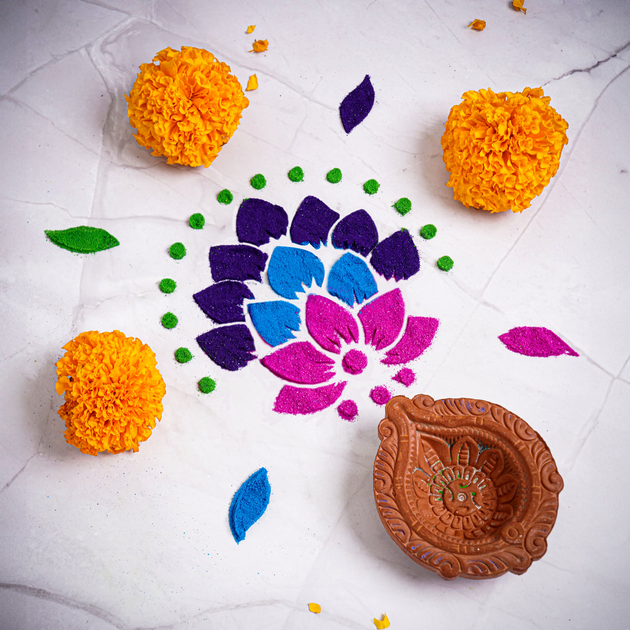 ilearnngrow Ganesha,Flower,Diya, Peacock,Traditional Rangoli Stencil 17X17 cm with Six rangoli colors , two earthern diya