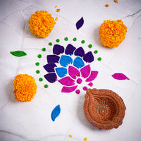 Thumbnail for ilearnngrow Ganesha,Flower,Diya, Peacock,Traditional Rangoli Stencil 17X17 cm with Six rangoli colors , two earthern diya