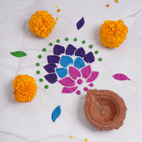 Thumbnail for ilearnngrow Ganesha,Flower,Diya, Peacock,Traditional Rangoli Stencil 17X17 cm with Six rangoli colors , two earthern diya
