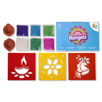 Thumbnail for ilearnngrow Ganesha,Flower,Diya, Peacock,Traditional Rangoli Stencil 17X17 cm with Six rangoli colors , two earthern diya