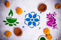 Thumbnail for ilearnngrow Ganesha,Flower,Diya, Peacock,Traditional Rangoli Stencil 17X17 cm with Six rangoli colors , two earthern diya