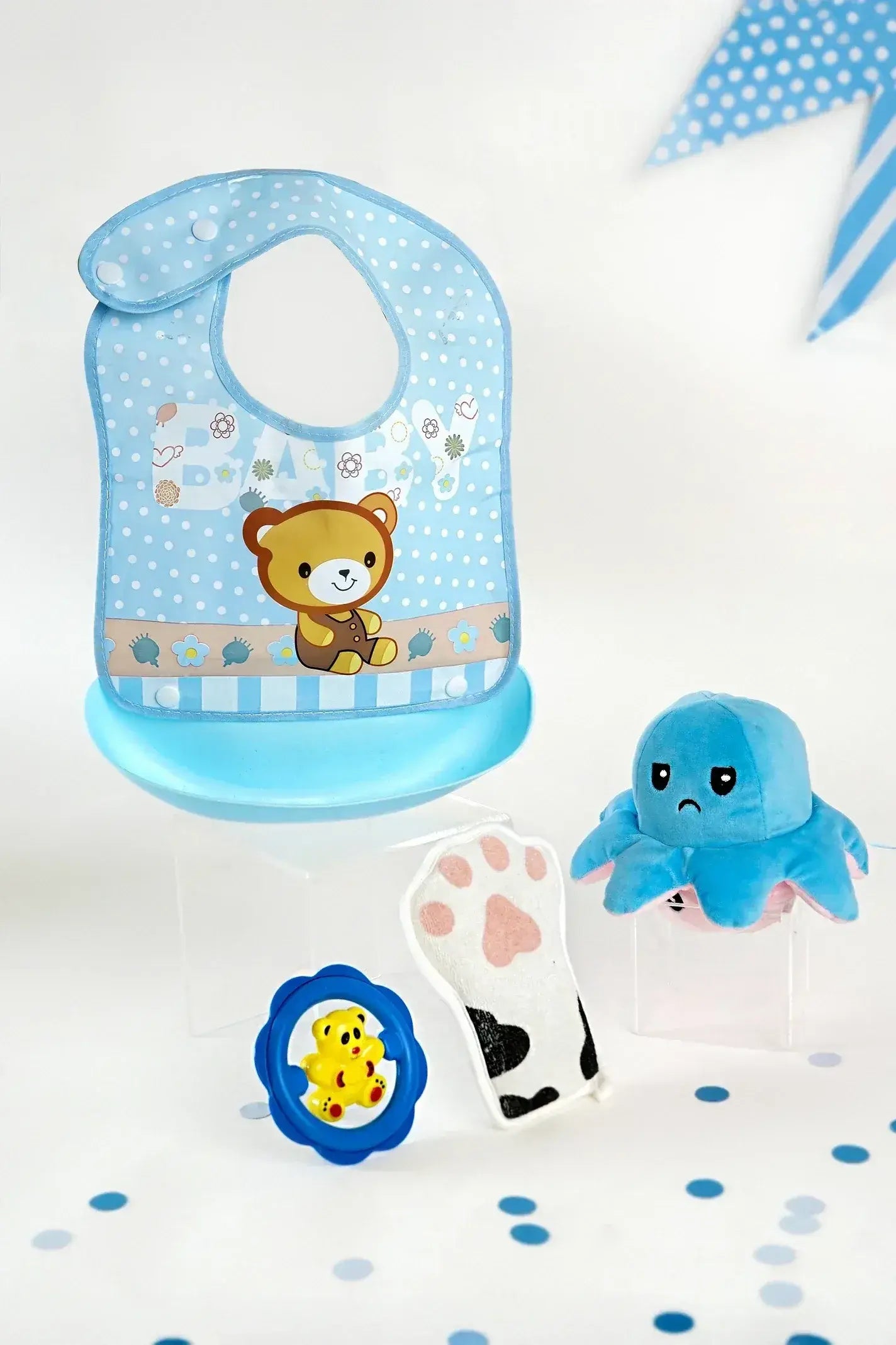 Baby boy hamper with toy rattle bib and teether set