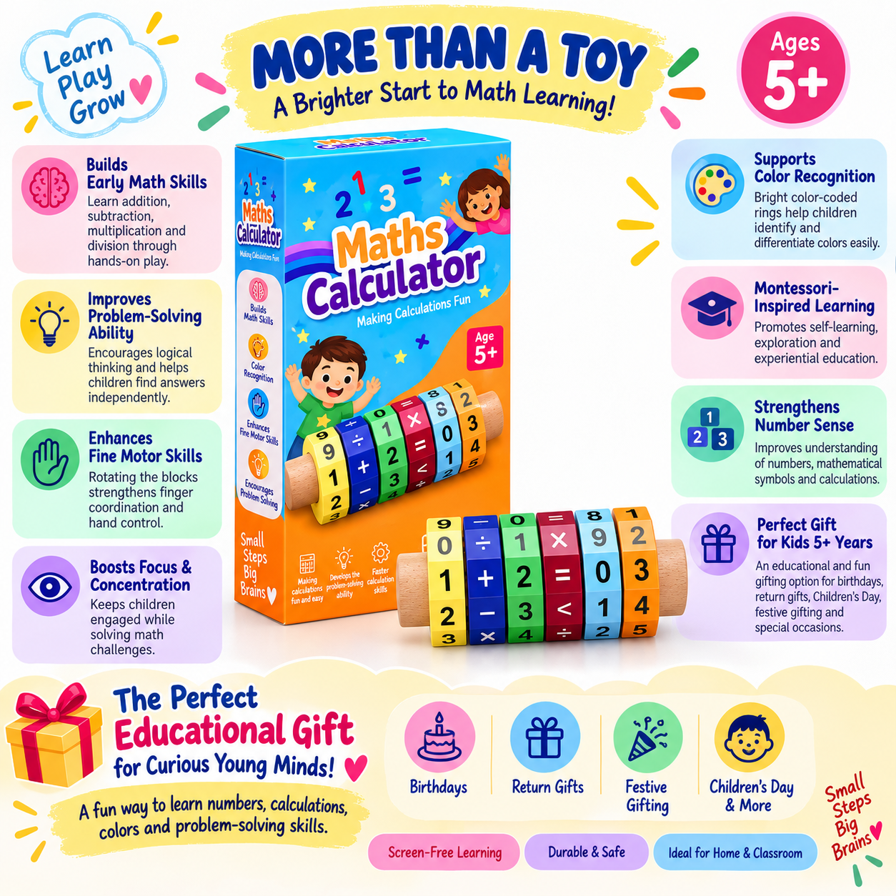 iLearnNGrow Maths Calculator – Interactive Wooden Learning Calculator for Kids
