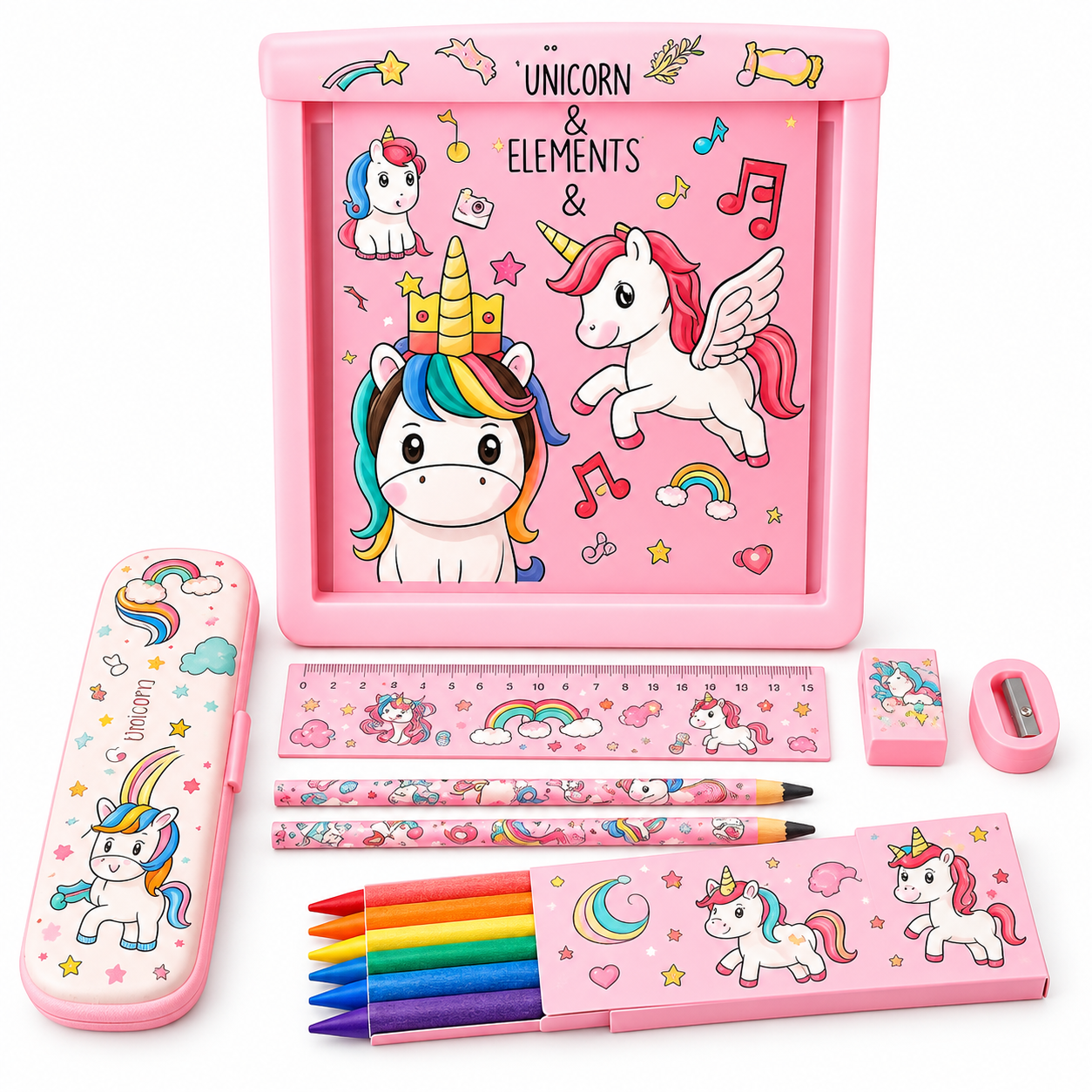 iLearnNGrow Unicorn Theme Stationery Rakhi Combo – Unicorn Pencil Box Set with Castle Rakhi for Kids