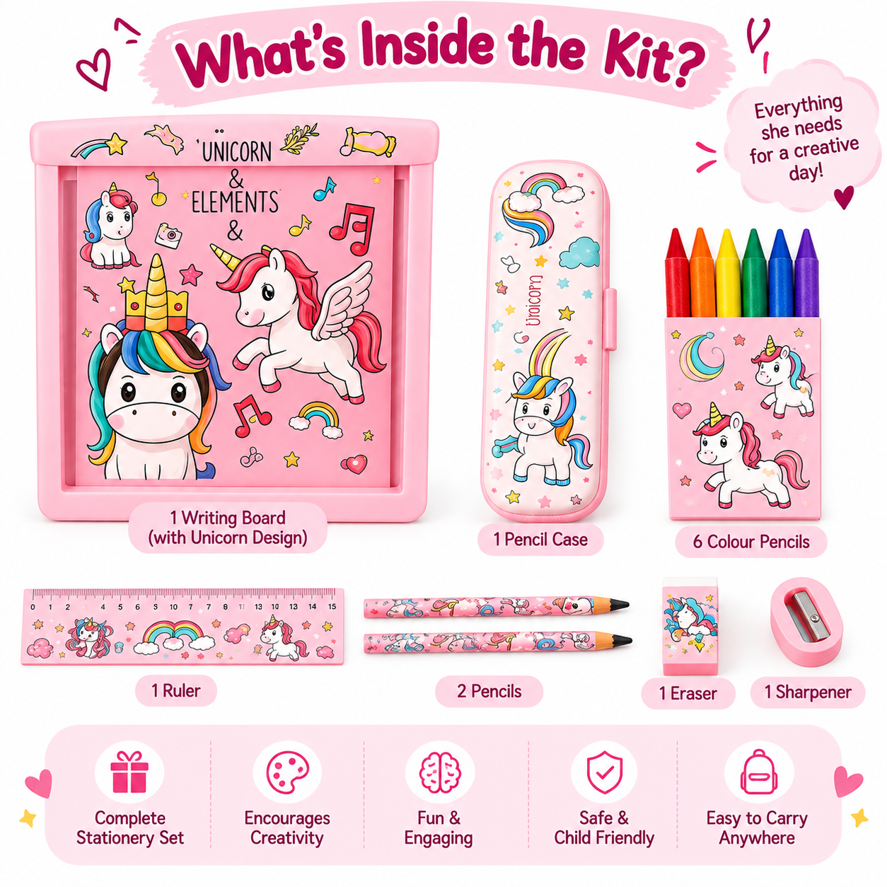 iLearnNGrow Unicorn Theme Stationery Rakhi Combo – Unicorn Pencil Box Set with Castle Rakhi for Kids