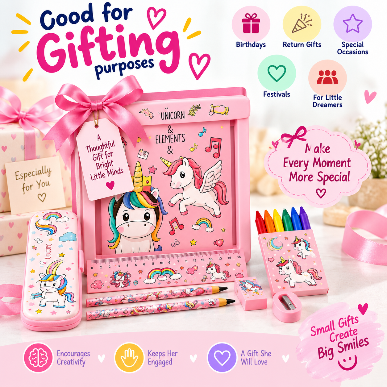iLearnNGrow Unicorn Theme Stationery Rakhi Combo – Unicorn Pencil Box Set with Castle Rakhi for Kids