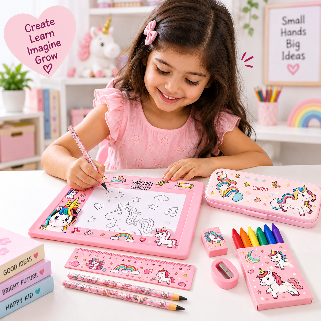 iLearnNGrow Unicorn Theme Stationery Rakhi Combo – Unicorn Pencil Box Set with Castle Rakhi for Kids