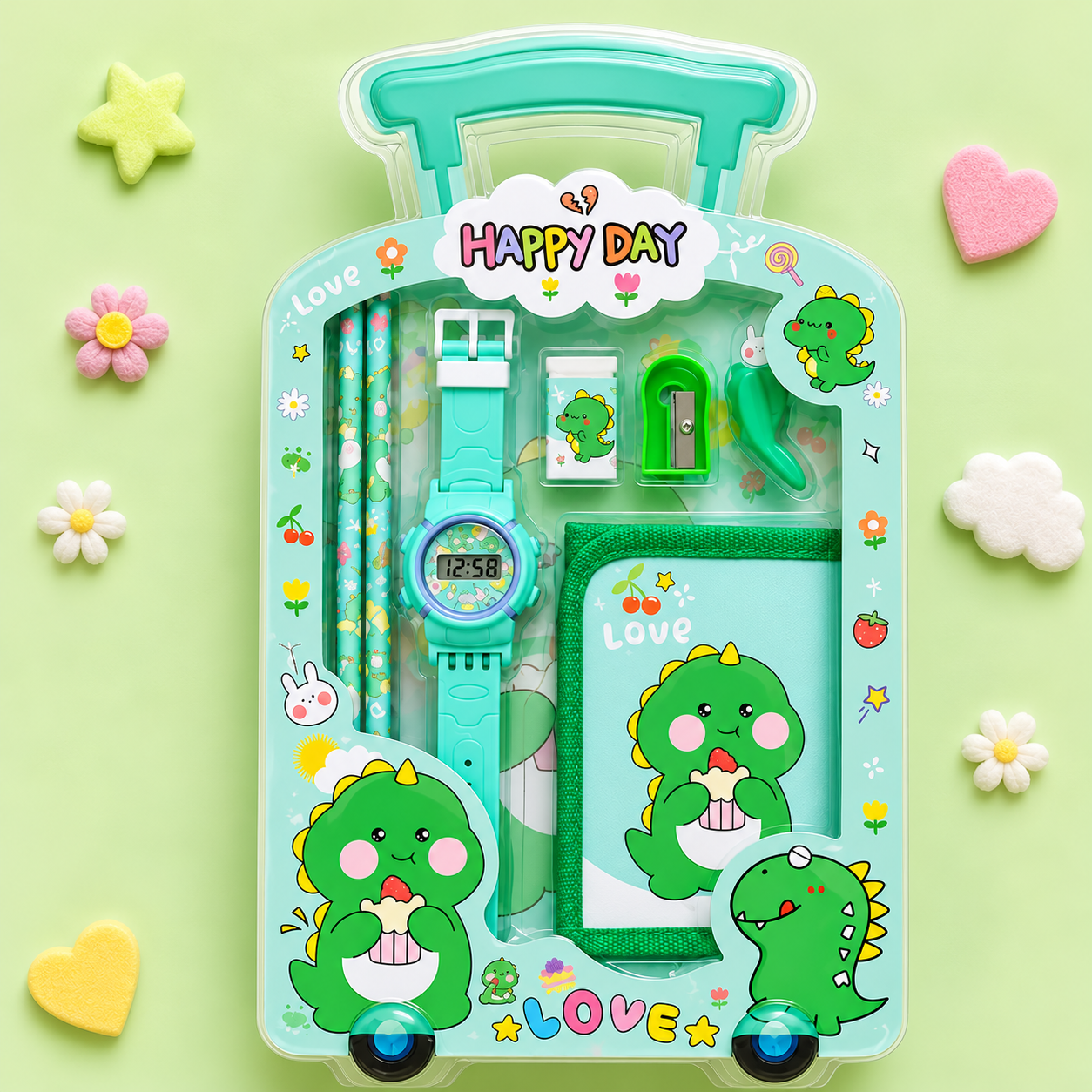 iLearnNGrow Luggage Packing Stationery Rakhi Combo – Complete School Essentials Gift Set with Watch, Wallet & Rakhi- Green