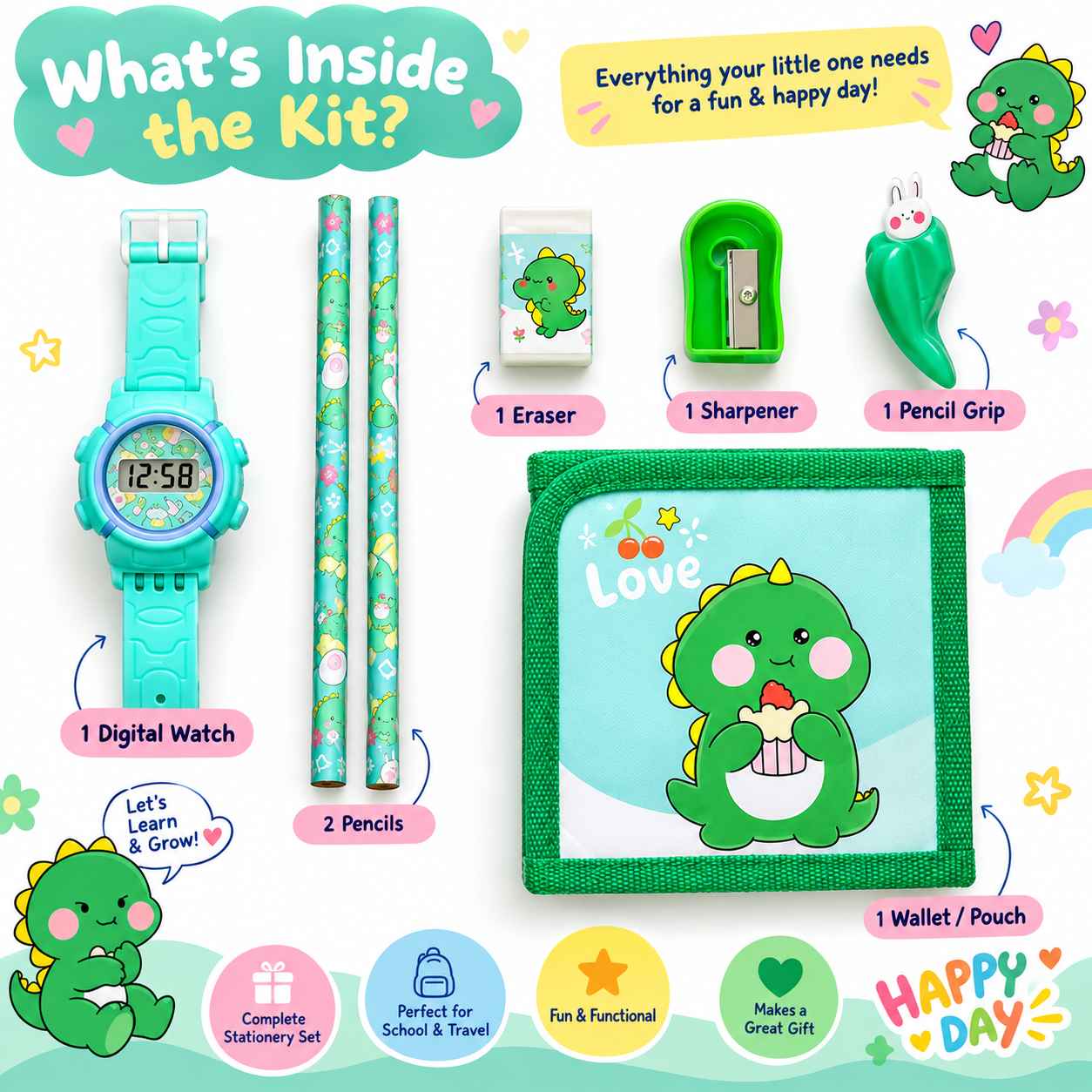 iLearnNGrow Luggage Packing Stationery Rakhi Combo – Complete School Essentials Gift Set with Watch, Wallet & Rakhi- Green