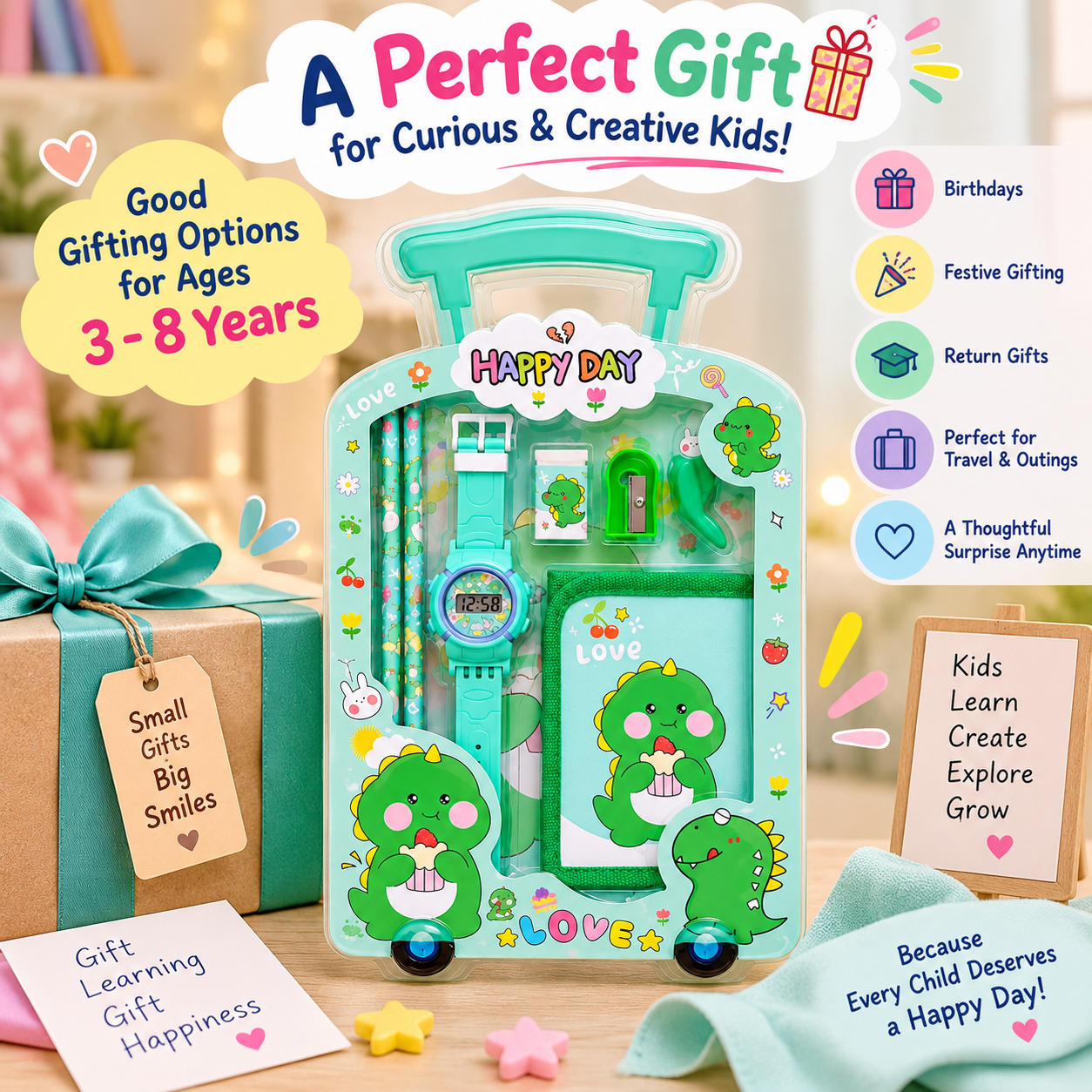 iLearnNGrow Luggage Packing Stationery Rakhi Combo – Complete School Essentials Gift Set with Watch, Wallet & Rakhi- Green