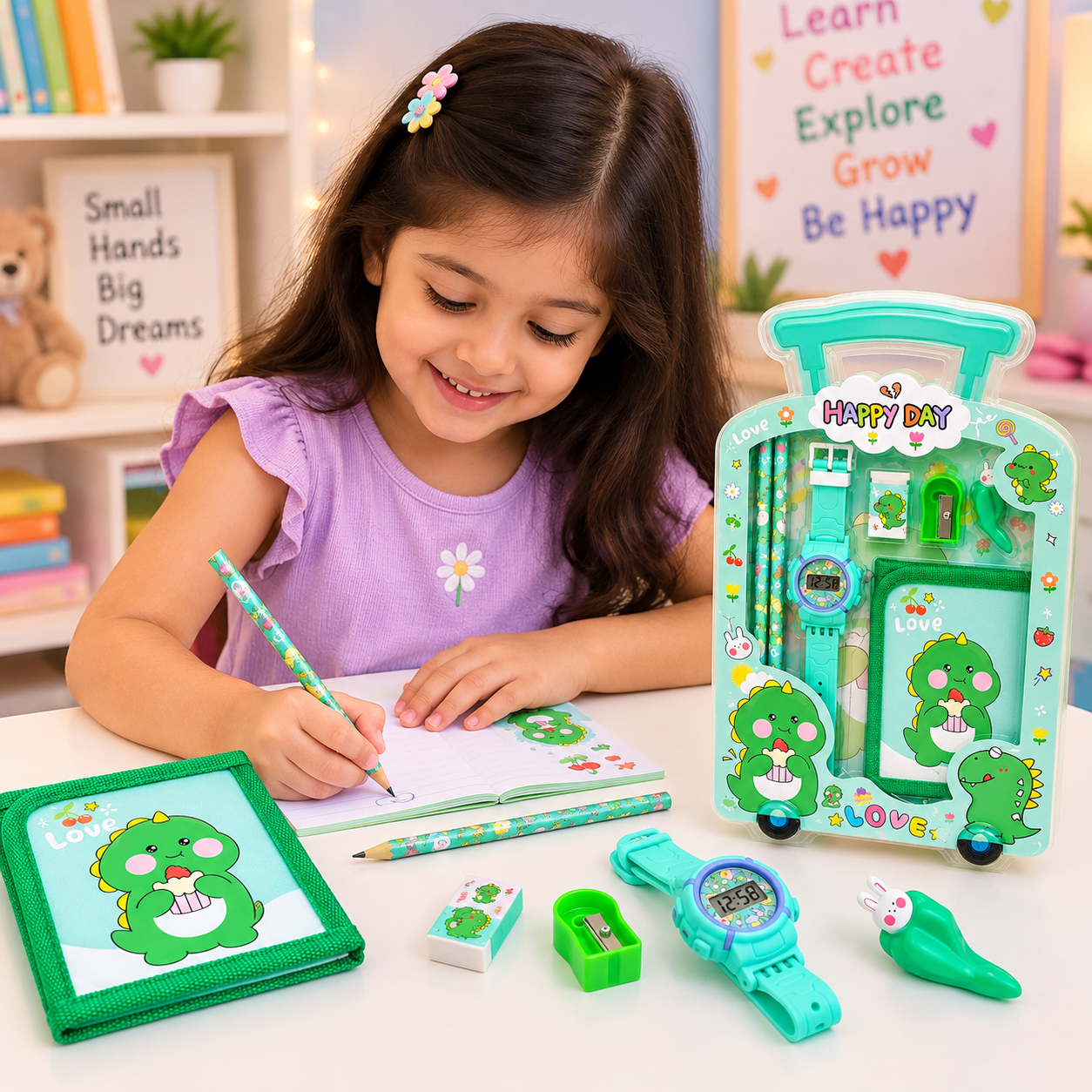iLearnNGrow Luggage Packing Stationery Rakhi Combo – Complete School Essentials Gift Set with Watch, Wallet & Rakhi- Green