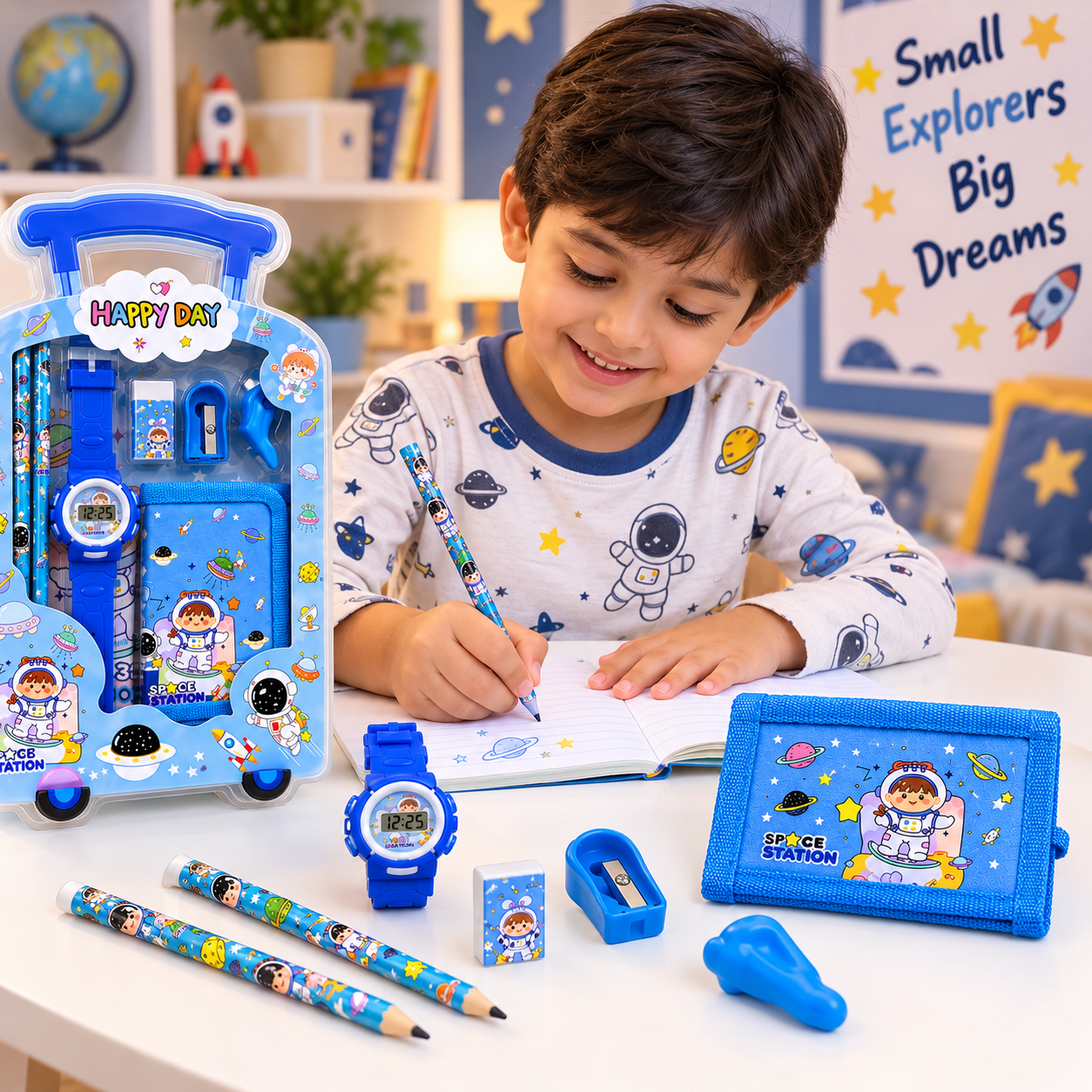 iLearnNGrow Luggage Packing Stationery Rakhi Combo – Complete School Essentials Gift Set with Watch, Wallet & Rakhi- Blue