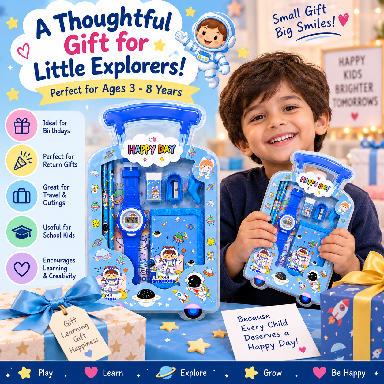 iLearnNGrow Luggage Packing Stationery Rakhi Combo – Complete School Essentials Gift Set with Watch, Wallet & Rakhi- Blue