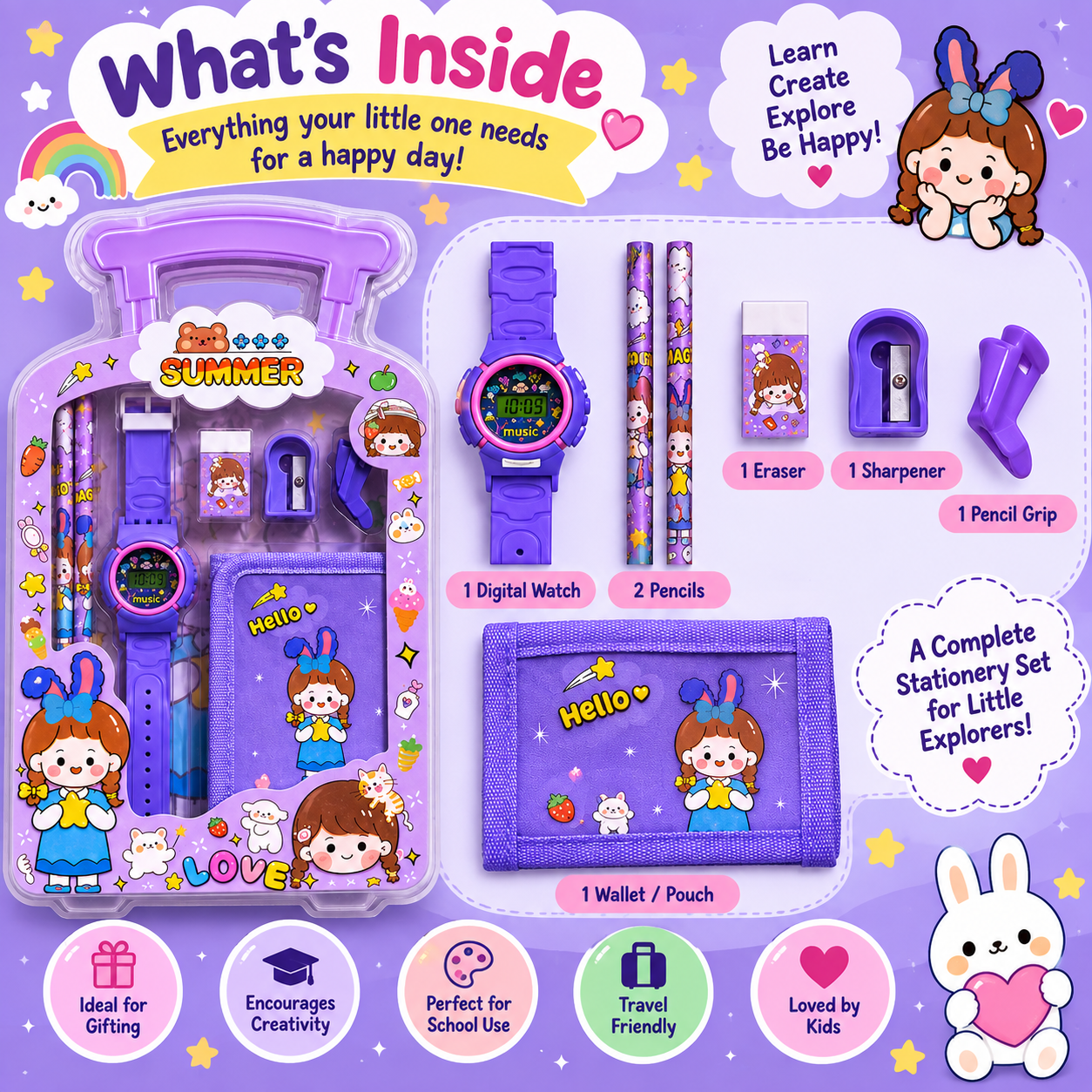iLearnNGrow Luggage Packing Stationery Rakhi Combo – Complete School Essentials Gift Set with Watch, Wallet & Rakhi- Purple