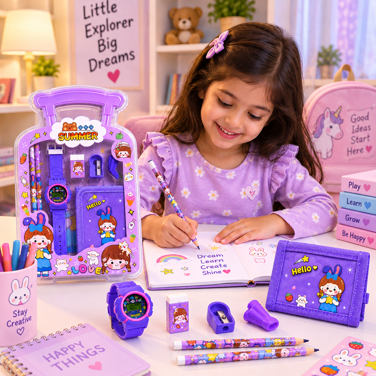 iLearnNGrow Luggage Packing Stationery Rakhi Combo – Complete School Essentials Gift Set with Watch, Wallet & Rakhi- Purple