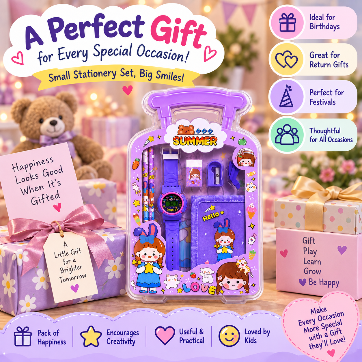 iLearnNGrow Luggage Packing Stationery Rakhi Combo – Complete School Essentials Gift Set with Watch, Wallet & Rakhi- Purple