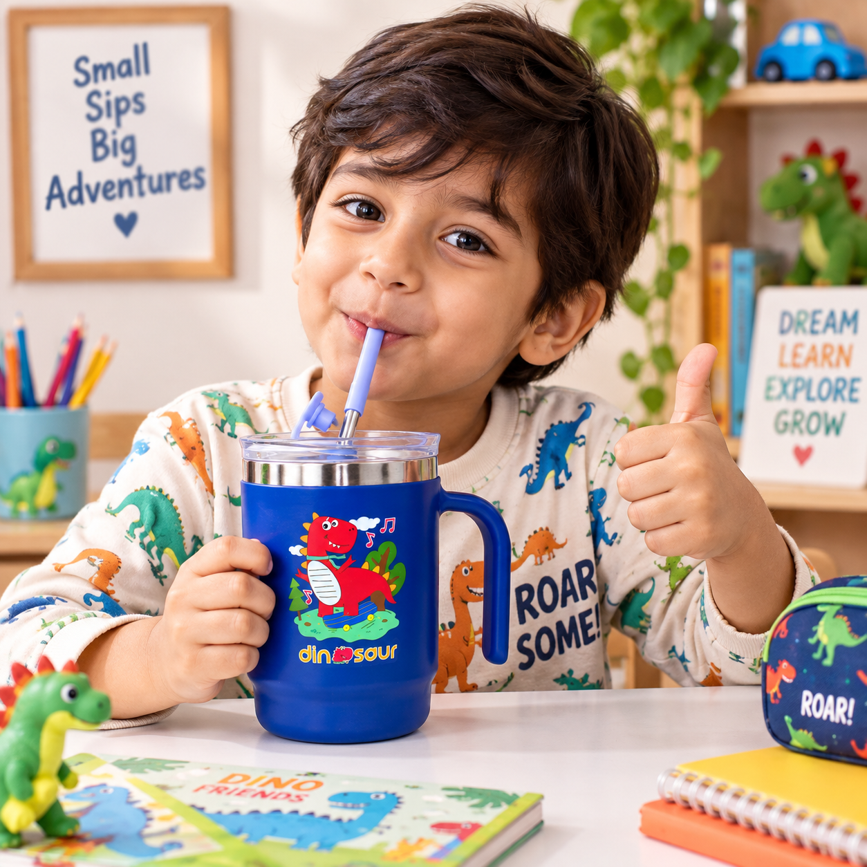 iLearnNGrow Dino Sipper – Kids Dinosaur Water Bottle with Straw