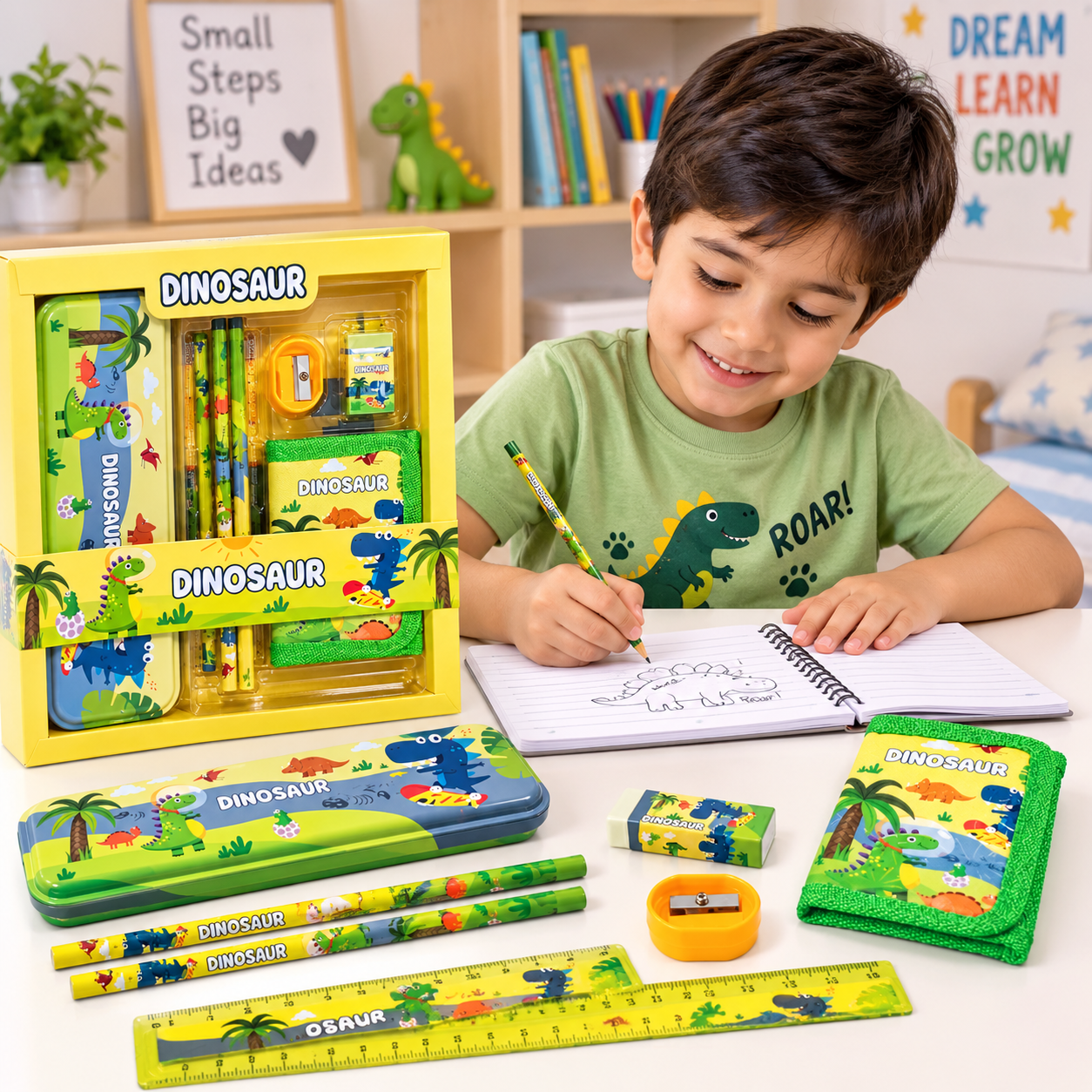 iLearnNGrow Dino Theme Stationery Rakhi Combo – Dino Pencil Box Set with Dino Rakhi for Kids