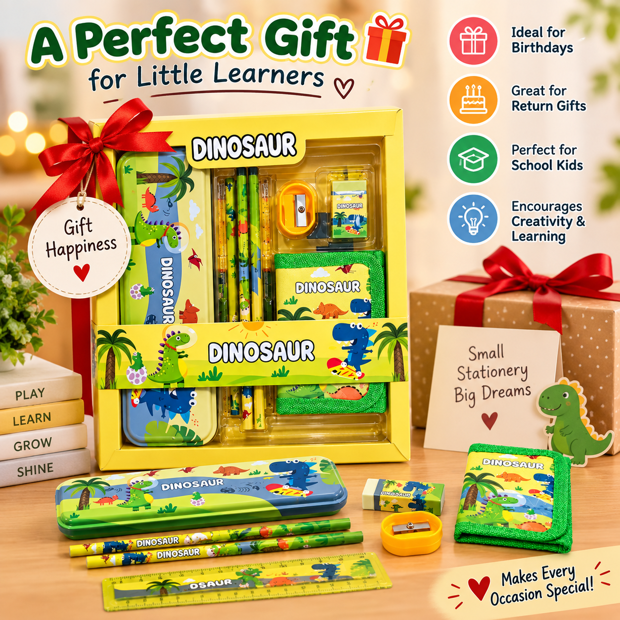 iLearnNGrow Dino Theme Stationery Rakhi Combo – Dino Pencil Box Set with Dino Rakhi for Kids