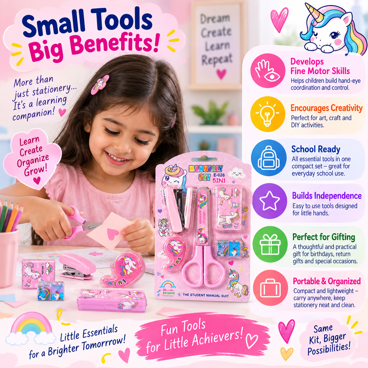 ilearnngrow 5‑in‑One Sciccior and Staple Kit – Kids Stationery Set