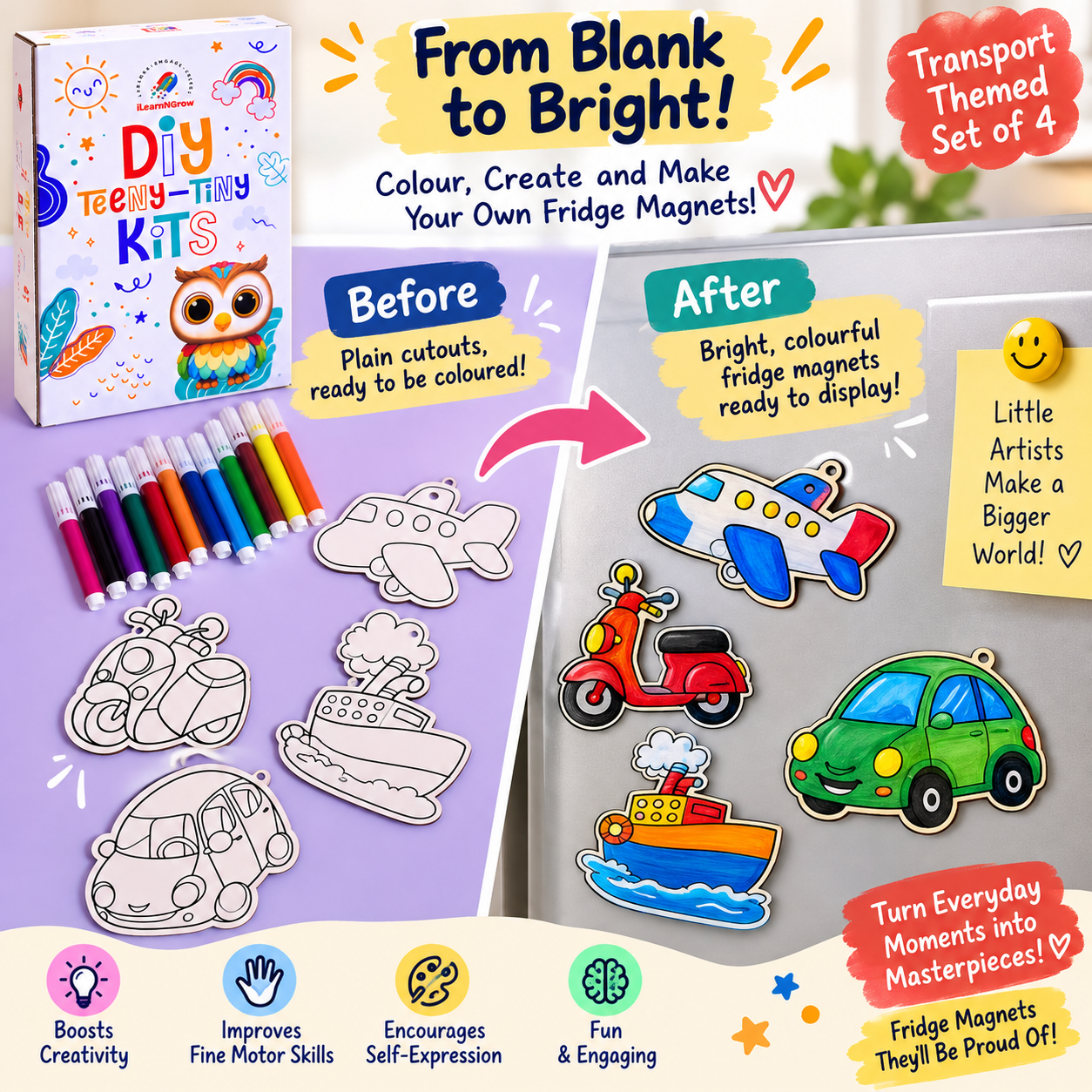 Teeny Tiny DIY Fridge Magnet Kit – Transport Theme Paint & Decorate Kit