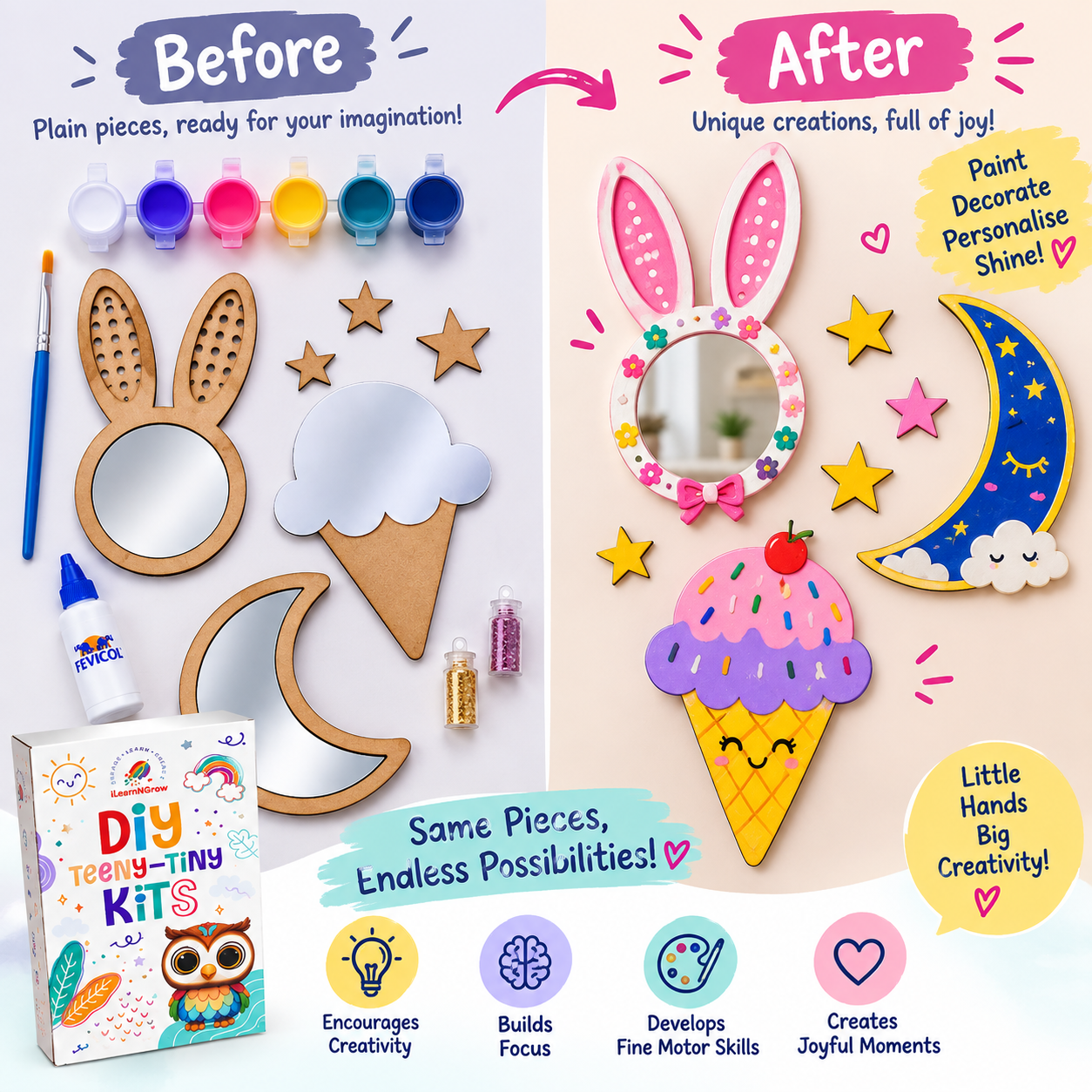 Teeny Tiny DIY Mirror Decorating Kit for Kids – Set of 3 Creative Craft Set | iLearnNGrow