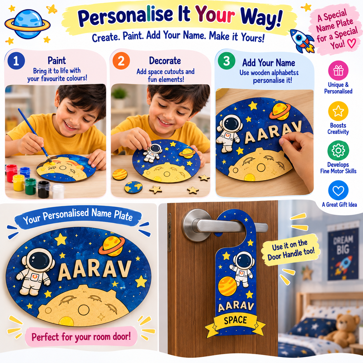 Teeny Tiny Space Theme DIY Name Plate Kit & Door Knob Kit