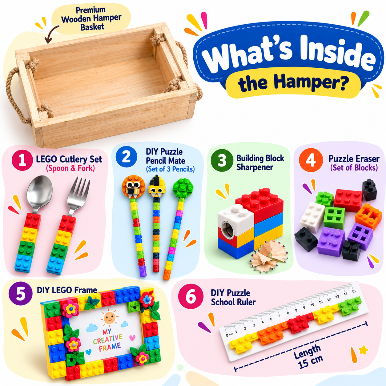iLearnNGrow Lego Rakhi Hamper – Creative Gift Basket with Lego Frame, Pencil, Cutlery Set, Sharpener & Rakhi