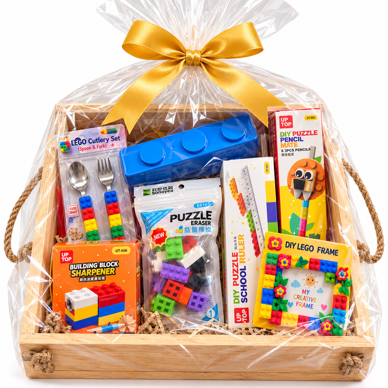 iLearnNGrow Lego Rakhi Hamper – Creative Gift Basket with Lego Frame, Pencil, Cutlery Set, Sharpener & Rakhi