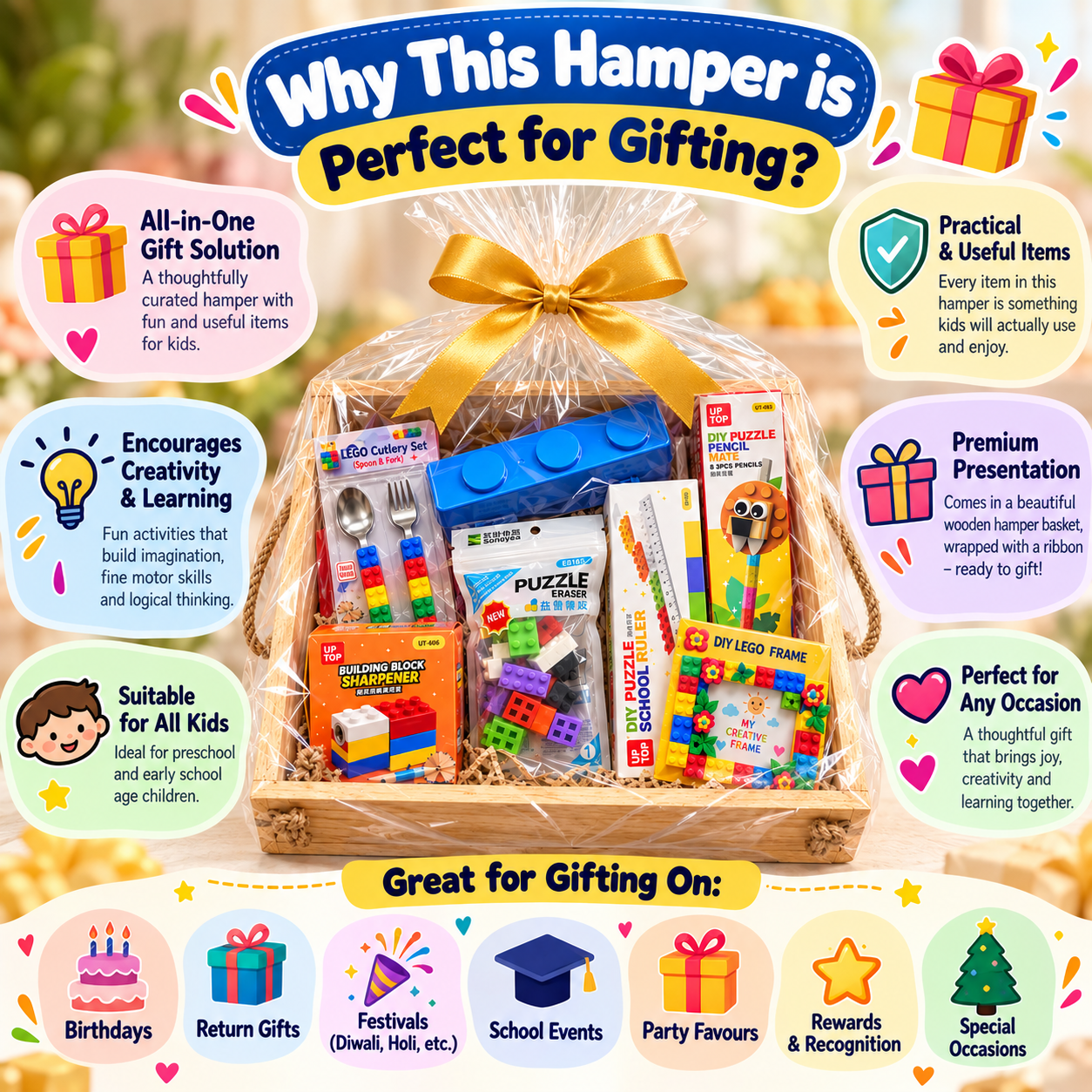 iLearnNGrow Lego Rakhi Hamper – Creative Gift Basket with Lego Frame, Pencil, Cutlery Set, Sharpener & Rakhi