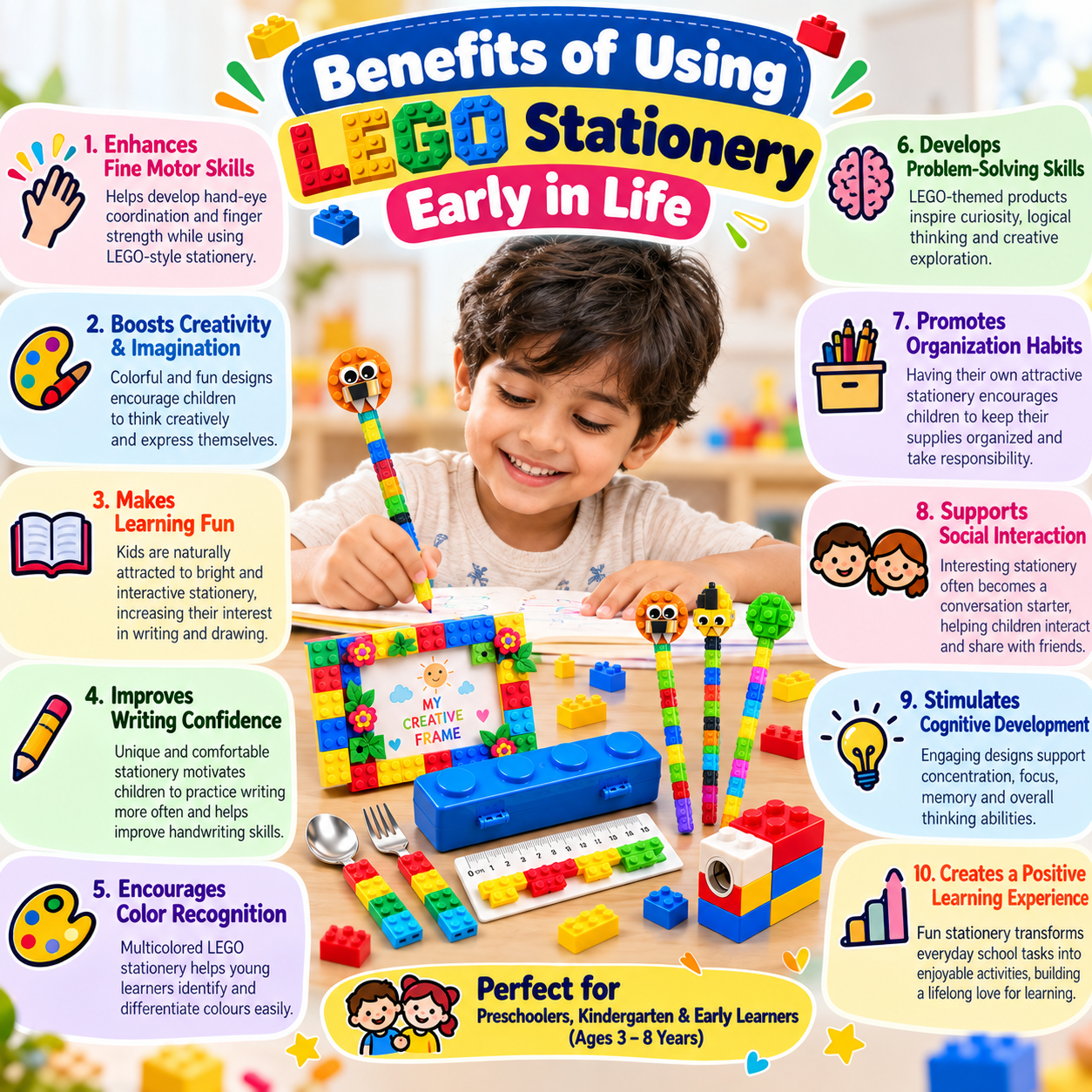 iLearnNGrow Lego Rakhi Hamper – Creative Gift Basket with Lego Frame, Pencil, Cutlery Set, Sharpener & Rakhi