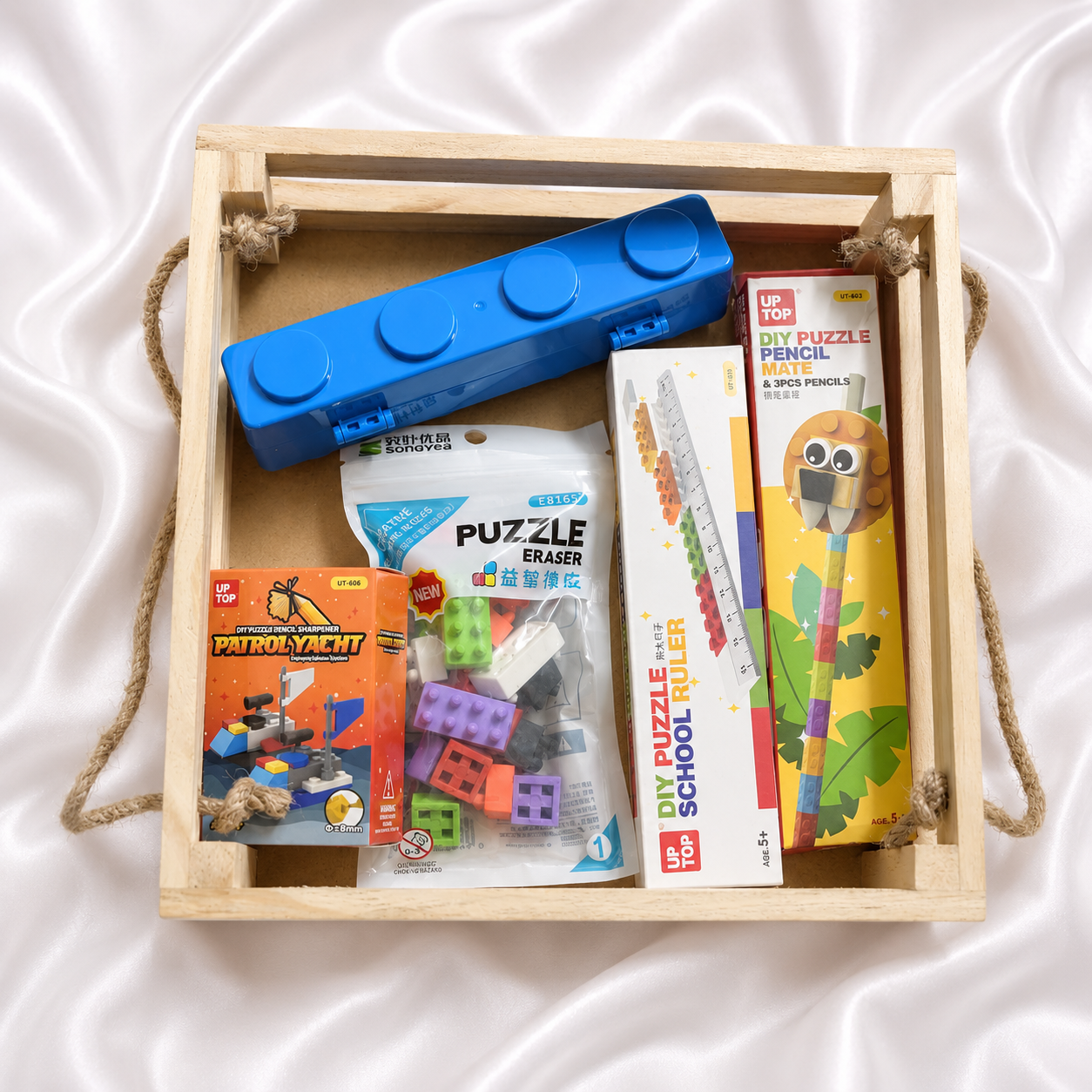 iLearnNGrow Lego Rakhi Hamper – Creative Gift Basket with Lego Frame, Pencil, Cutlery Set, Sharpener & Rakhi