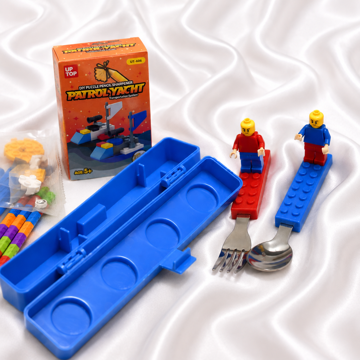 iLearnNGrow Lego Rakhi Hamper – Creative Gift Basket with Lego Frame, Pencil, Cutlery Set, Sharpener & Rakhi