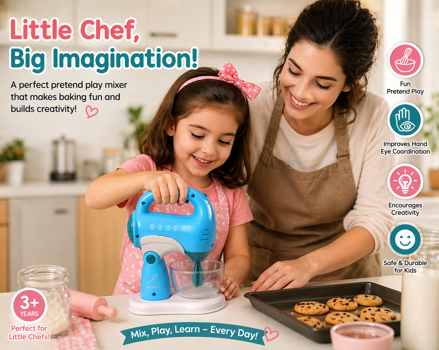 iLearnNGrow Pretend Play Hand Blender Mixer Toy for Kids | Light & Sound Kitchen Appliance Set with Rotating Beater | Role Play Cooking Toy for Boys & Girls 3+ Years