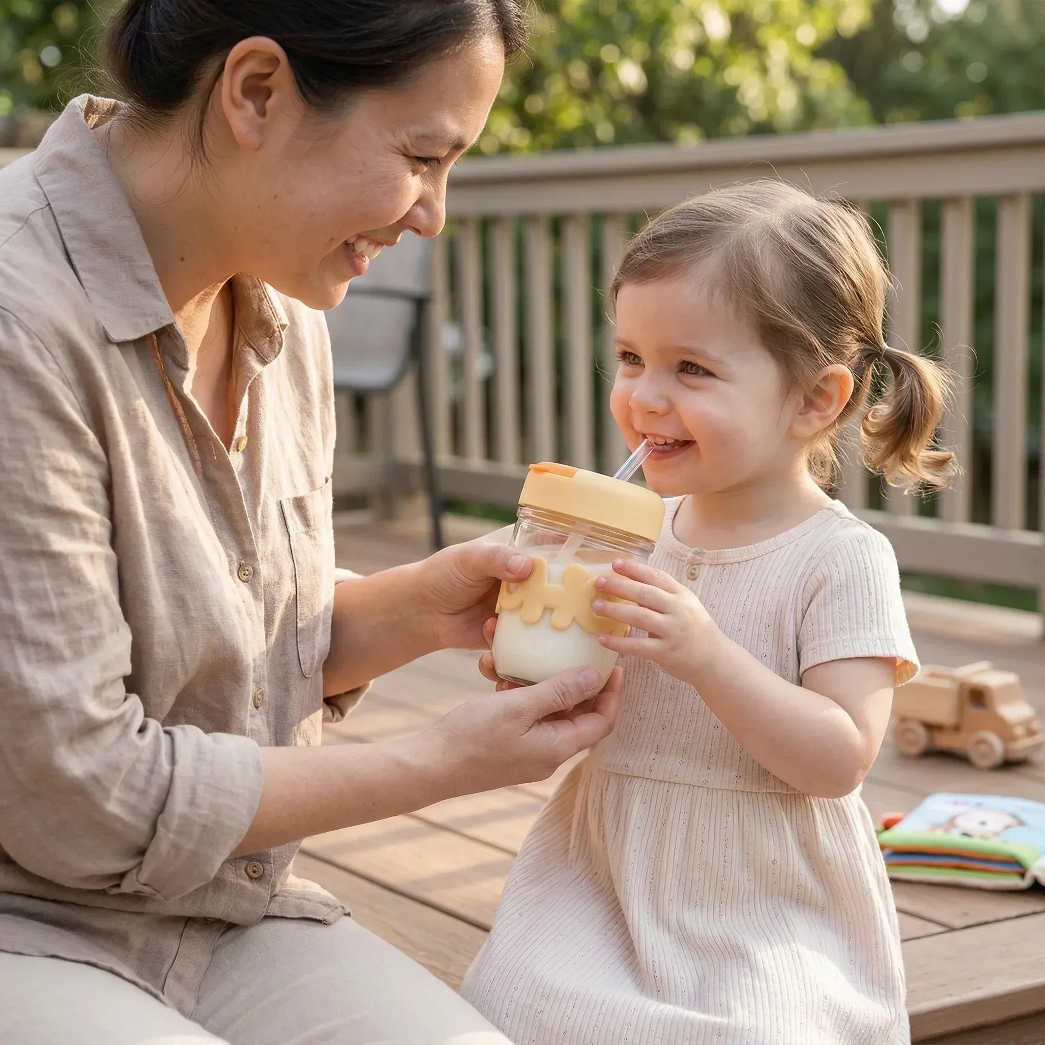 HOHO Cute Glass Milk Jar with Straw & Silicone Lid - ilearnngrow Learning Solutions Pvt Ltd