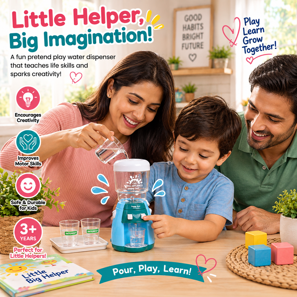 iLearnNGrow Pretend Play Water Dispenser Toy for Kids | Light & Sound Water Cooler with Cups | Kitchen & Home Role Play Toy for Boys & Girls 3+ Years