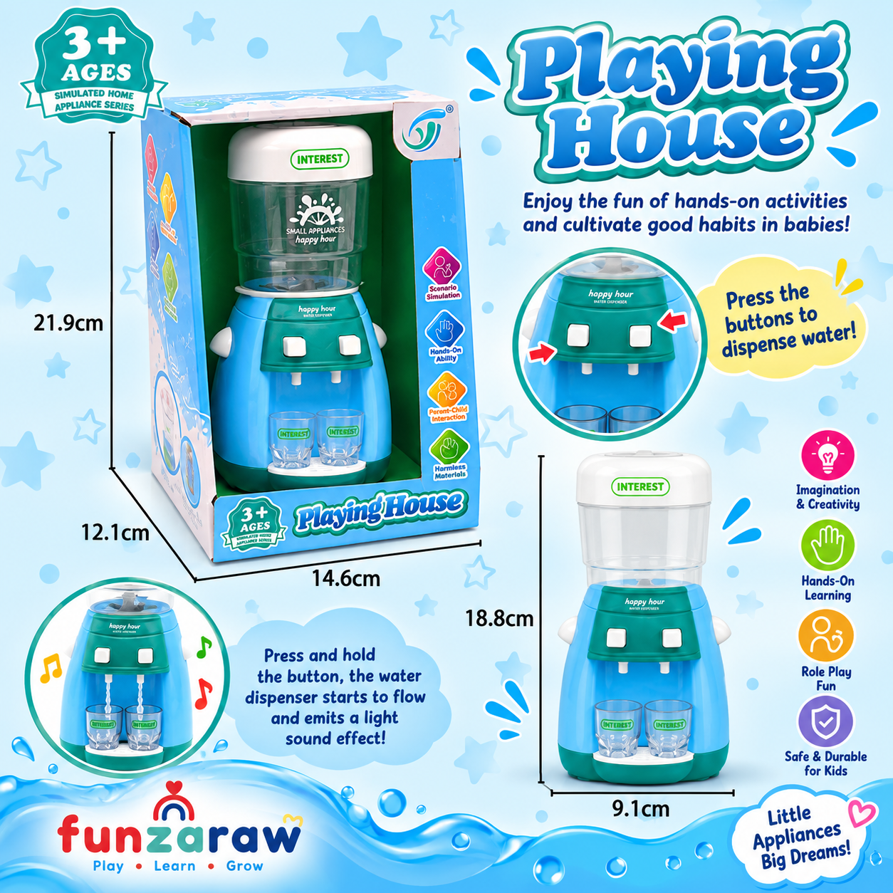 iLearnNGrow Pretend Play Water Dispenser Toy for Kids | Light & Sound Water Cooler with Cups | Kitchen & Home Role Play Toy for Boys & Girls 3+ Years