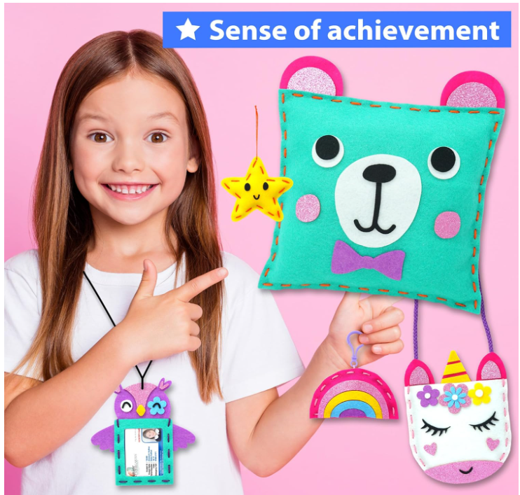 My First Sewing Kit for Beginner Kids Ages 3-10, 6 Easy DIY Projects of Stuffed Animal theme & Plush Pillow Craft, Pre-Punched Felt & Instructions, Gift for Girls Boys, Learn to Sew, Embroidery