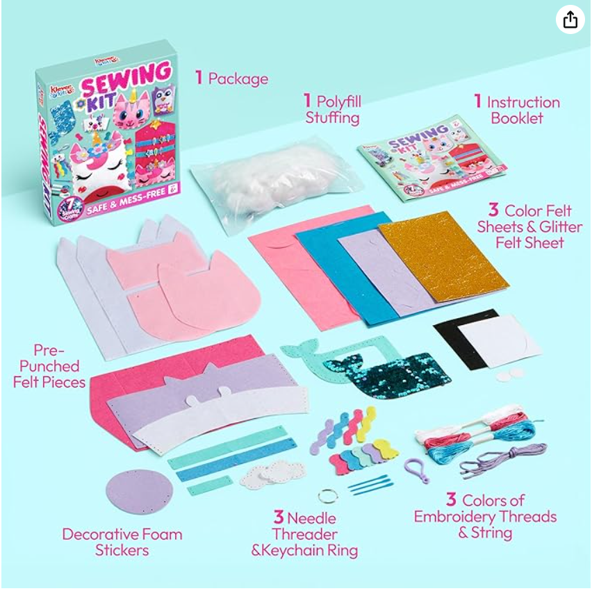 My First Sewing Kit for Beginner Kids Ages 3-10, 6 Easy DIY Projects of Stuffed Animal theme & Plush Pillow Craft, Pre-Punched Felt & Instructions, Gift for Girls Boys, Learn to Sew, Embroidery