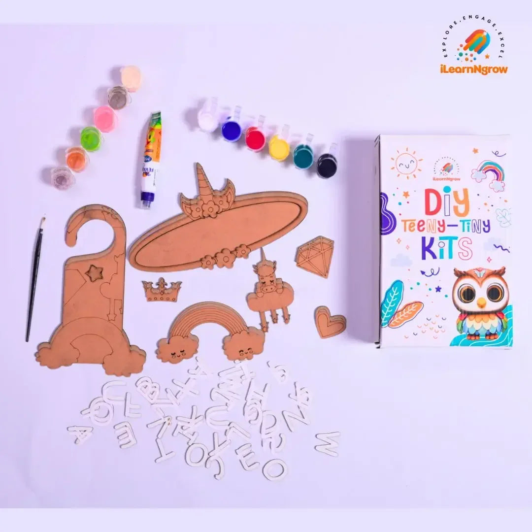 Teeny Tiny Unicorn Craft Bundle for Kids – Painting Kit & Door Handle Name Plate DIY Set - ilearnngrow Learning Solutions Pvt Ltd