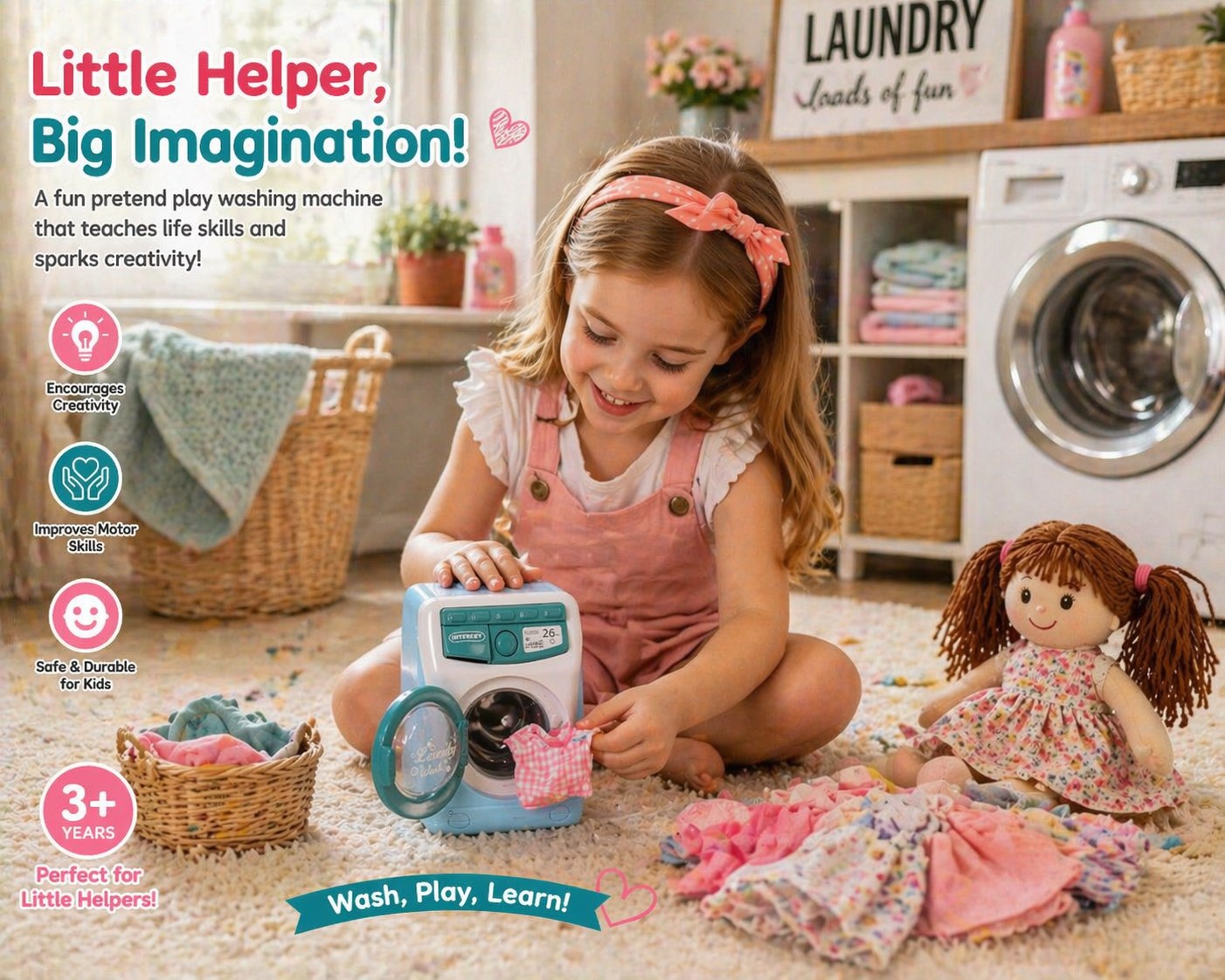 iLearnNGrow Pretend Play Washing Machine Toy for Kids | Light, Sound & Rotating Drum Effects | Interactive Household Appliance Role Play Toy for Boys & Girls 3+ Years