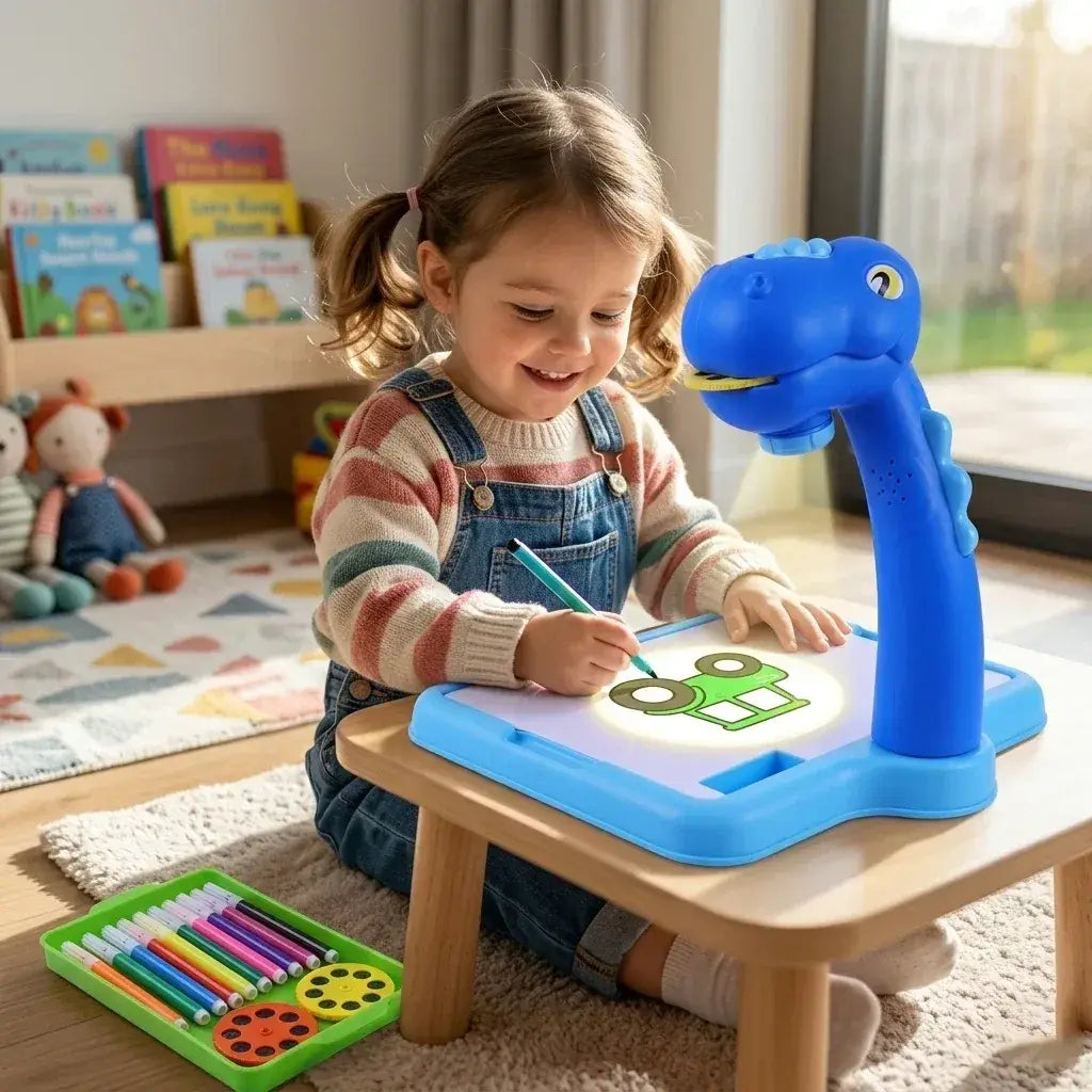 Child using a dinosaur-themed drawing toy in a bright room with books and toys.