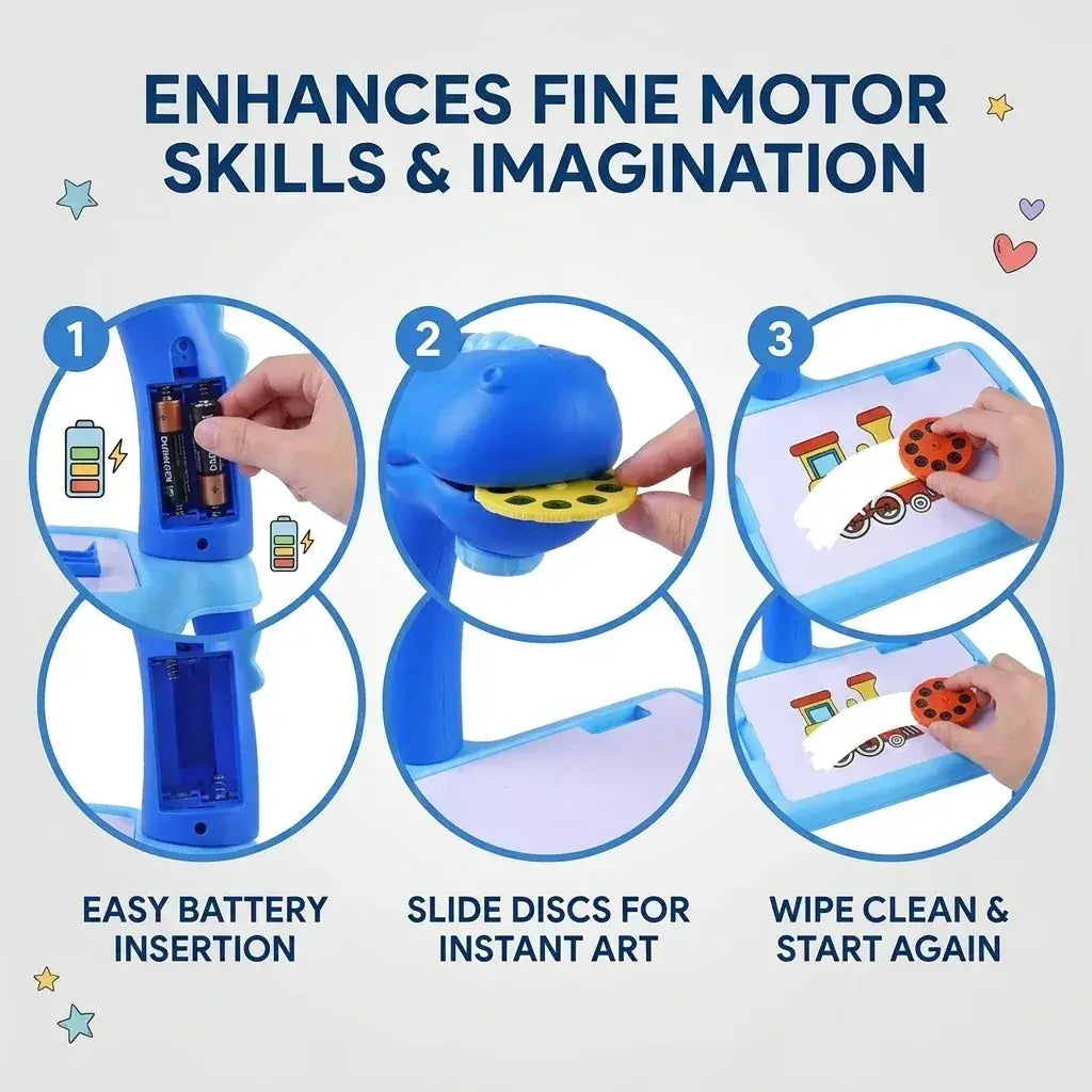 Product with features for enhancing fine motor skills and imagination, including battery insertion, disc sliding, and wipe-clean capability.