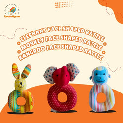Animal Face-Shaped Rattle Combo for Babies – Monkey, Elephant & Kangaroo Rattles | Baby Development Toy Set